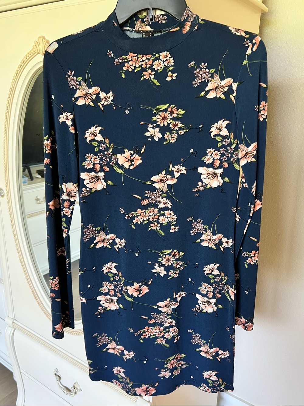 Forever 21 Navy Floral Mock Neck Long Sleeve Dress
